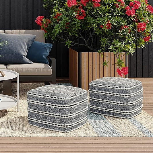 SIMPLIHOME Corrie Boho Square Woven Outdoor/ Indoor Pouf in Navy and White Recycled PET Polyester for the Living Room, Bedroom and Kids Room