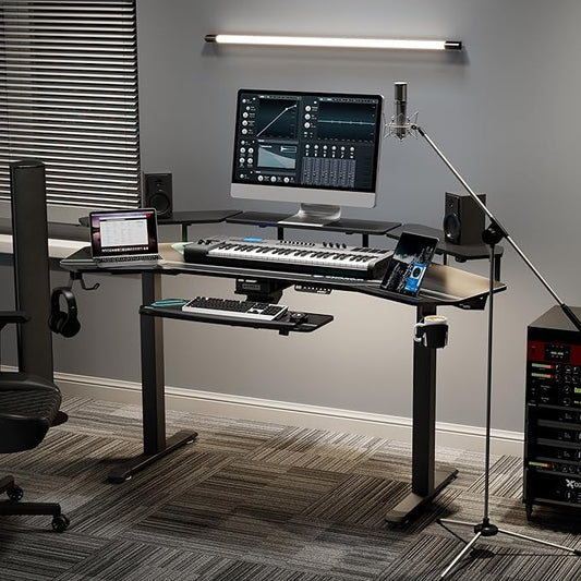 EUREKA ERGONOMIC Gaming Desk, Standing Desk w Keyboard Tray, 72" Wing Shaped Music Studio Table with LED Shelves, Gaming Recording Live Stream, Slot Design
