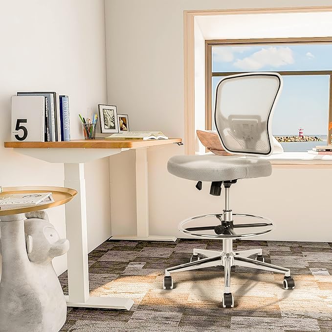 Drafting Chair, Tall Office Chair for Standing Desk, Drafting Stool with Lumbar Support, Adjustable Height and Foot Ring, Grey