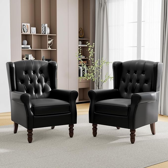 Mid-Century Modern 2-Piece Wingback Chair Set - Luxe Faux Leather Accent Chairs with Wooden Legs, Easy-Clean Lounge Seating for Living Room, Home Theater & Dining Room - PU Leather Matched Pair Black
