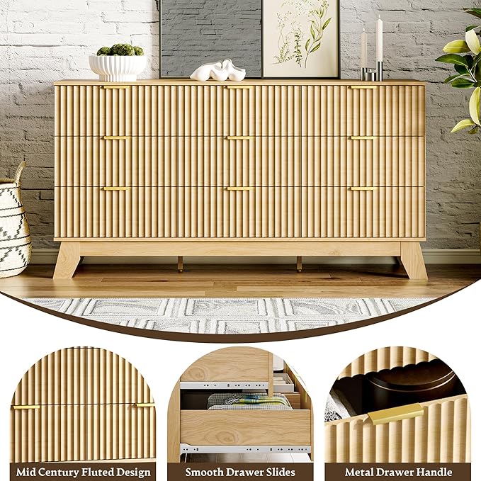 Fluted Dresser for Bedroom with 9 Drawers, 57" Mid Century Modern Dresser of Closet TV Stand, Nature Wood Dressers with Gold Handle, Boho Closet Wide Modern Chest of Drawers, Natural