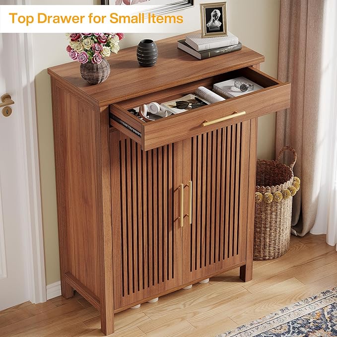 Tribesigns Shoe Cabinet, 5-Tier Shoe Storage Cabinet with Louvered Doors and Drawer, Freestanding Wooden Shoe Rack Organizer with Adjustable Shelves for Entryway, Hallway, Closet, Brown