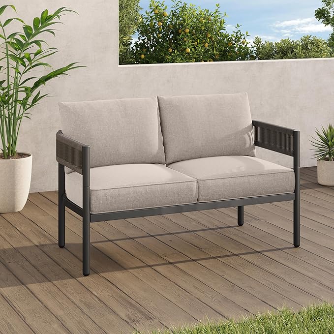 Gand Patio Outdoor Loveseat,Wicker Conversation Set with Thick Cushion for Porch, Garden, Yard