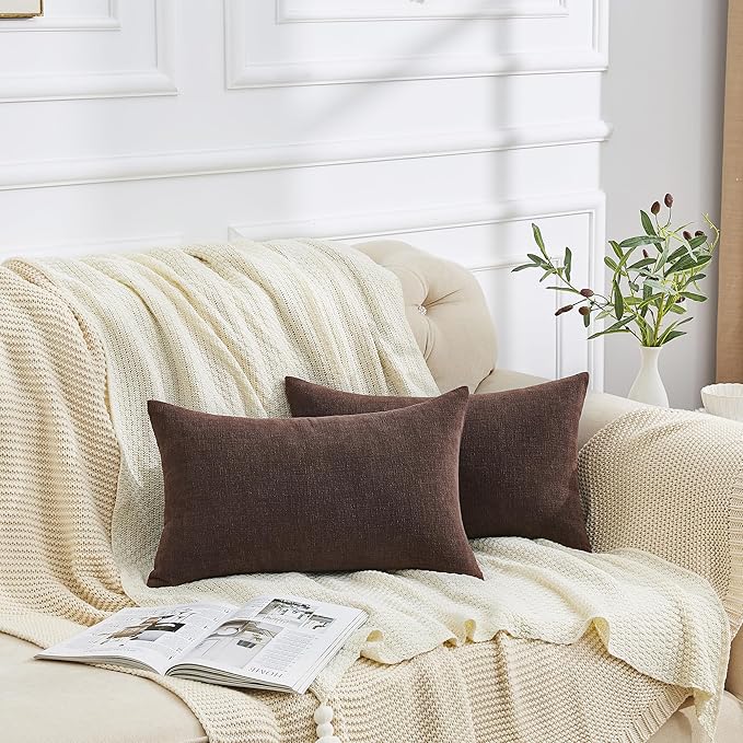 GAWAMAY Lumbar Decorative Throw Pillow Covers 12"x20" Inch Set of 2, Super Soft Chenille Rectangle Pillowcase for Living Room Bedroom Sofa Couch Cushion Support Pillow Cover 30x50cm Coffee (No Insert)