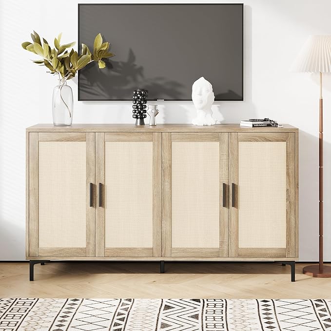 JASIWAY Sideboard - Kitchen Buffet Cabinet with Rattan Decorated Doors, Accent Cabinets with Doors, Coffee Bar Cabinets Rattan Sideboard Buffet Cabinet with Storage (Natural with 4 Doors)