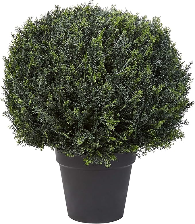 Artificial Cypress Topiary-23” Ball Style Faux Plant in Sturdy Pot-Realistic Indoor or Outdoor Potted Shrub-Home Decor by Pure Garden