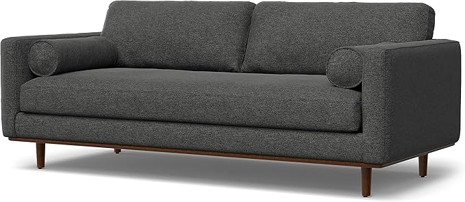 SIMPLIHOME Morrison 89-inch Wide Sofa in Charcoal Grey Woven-Blend Fabric, Handcrafted Mid-Century Modern Couch for Living Room or Family Room, Single Bench Cushion, Bolster Pillows