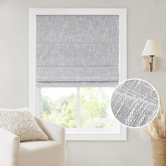 Madison Park Cordless Roman Shades, Total Blackout Window Blind Privacy Window Shades, Thermal Insulated Cordless Window Treatment for Bedroom, Living Room, Quincy, Single Panel 27"W x 64"H Light Grey