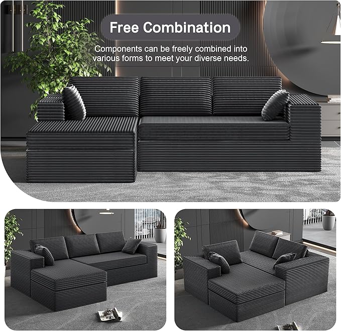 108-inch Boneless Couch for Living Room,Comfy Boneless Sofa with Deep Seats & Chaise Lounge, 3-Seat Modular Sofa Memory Foam Sectional Couches - No Assembly Required(Dark Grey)