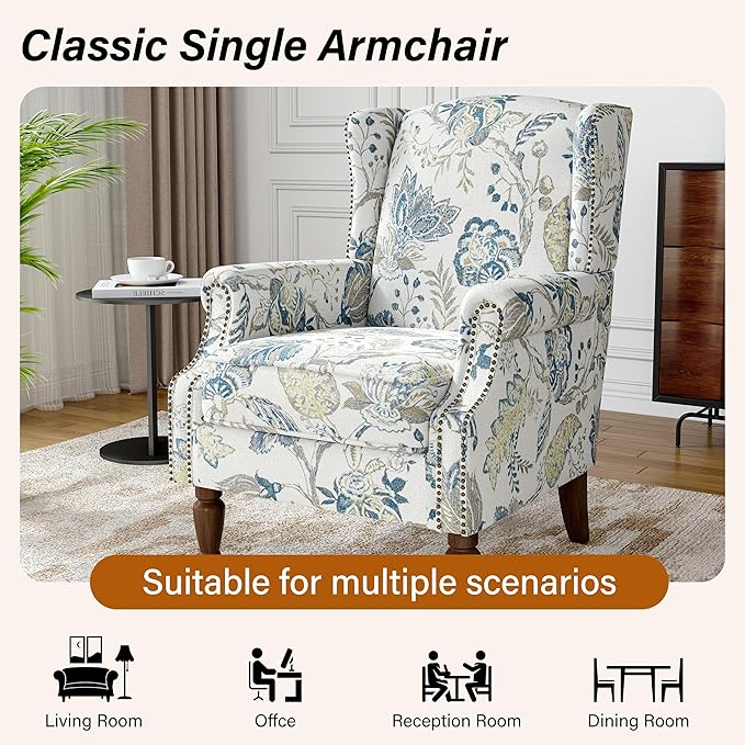 Floral Wingback Accent Chair, High Back Upholstered Armchair, Comfy Fabric Wingback Arms Chairs with Retro Solid Wood Legs, Single Sofa Reading Chair for Bedroom Living Room, Plants Blue
