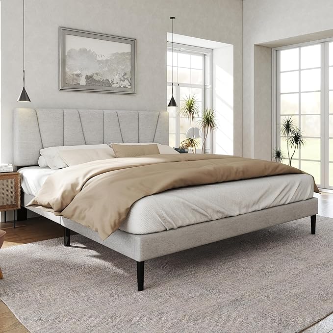 King Size Bed Frame with Fabric Upholstered Headboard, Platform Bed with Wooden Slats Support, Fully Mattress Foundation, Box Spring Optional, Easy Assembly