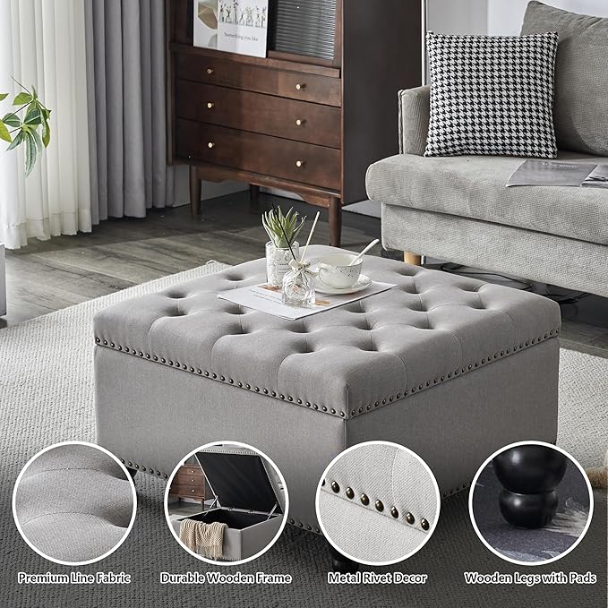 Ottoman with Storage, Large Storage Ottoman, 30 in Square Ottoman Coffee Table,Tufted Upholstered Coffee Tables for Living Room, Grey