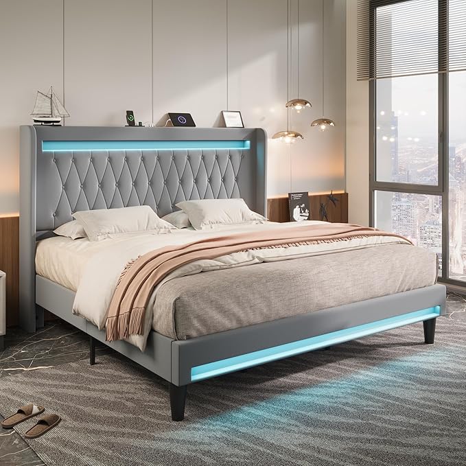 Allewie Upholstered King Size Platform Bed Frame with LED Light and Charging Station, Button Tufted High Headboard, Wingback Design, Noise Free, Easy Assembly, No Box Spring Needed, Grey