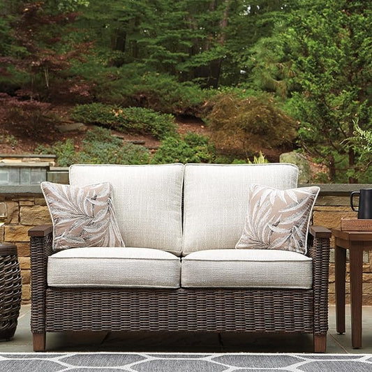 Signature Design by Ashley Paradise Trail Outdoor Loveseat with All Weather Cushions, Nuvella Weather Resistant Fabric, Medium Brown