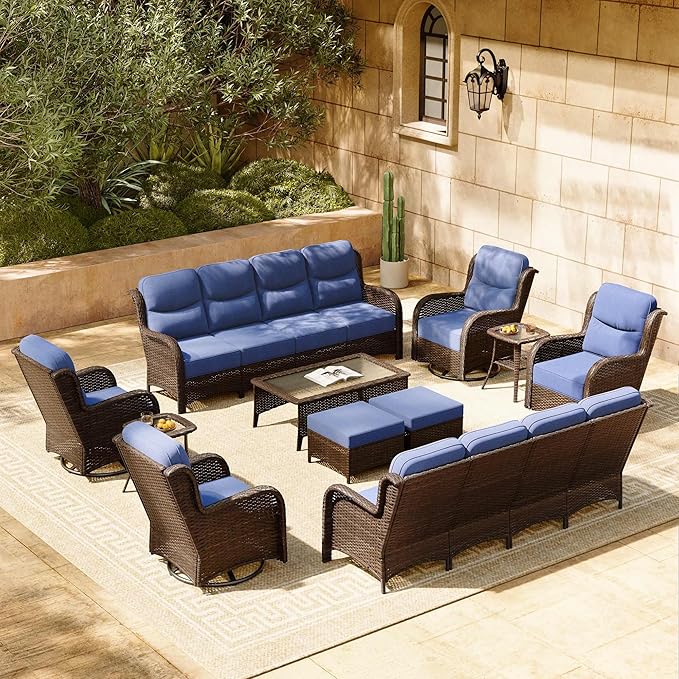 HILLGA Luxury Patio Furniture Set with 6-inch Thick Cushion, Outdoor Sectional Sofa and High Back Swivel Rocker Patio Chairs, 11PCS Wicker Conversation Set for Deck Yard and Poolside, Blue (V2)