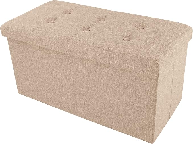 Folding Storage Ottoman - 30-Inch Tufted Footrest, Linen Chest, or Bench with Removable Bin for Living Room, Bedroom, or Dorm by Lavish Home (Beige)
