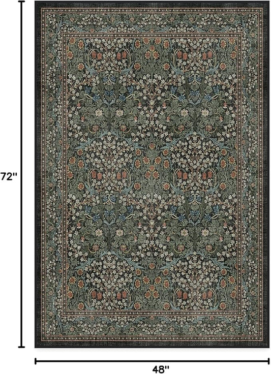 RUGGABLE x Morris & Co Washable Area Rug – Blackthorn Forest Green 4x6, Stain-Resistant, Non-Slip – Medium Machine Washable Rugs for Living Room, Bedroom, Hallway, Entryway & Office–with Standard Pad