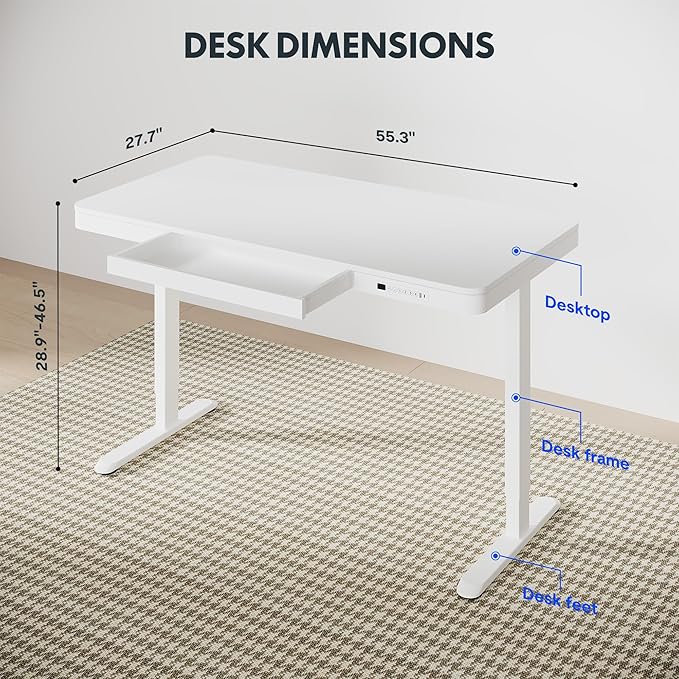 FLEXISPOT 55" White Electric Standing Desk with Drawers, Quick Assembly Home Office Sit Stand Desk with Storage, USB Charging, Computer Desk for Home Office (White Top + Adjustable Frame, Comhar)