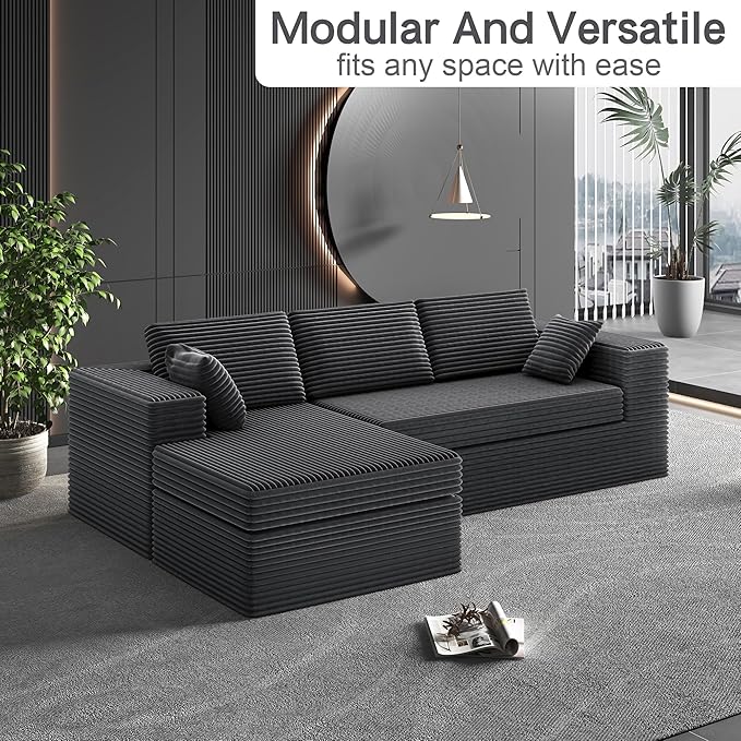 108-inch Boneless Couch for Living Room,Comfy Boneless Sofa with Deep Seats & Chaise Lounge, 3-Seat Modular Sofa Memory Foam Sectional Couches - No Assembly Required(Dark Grey)