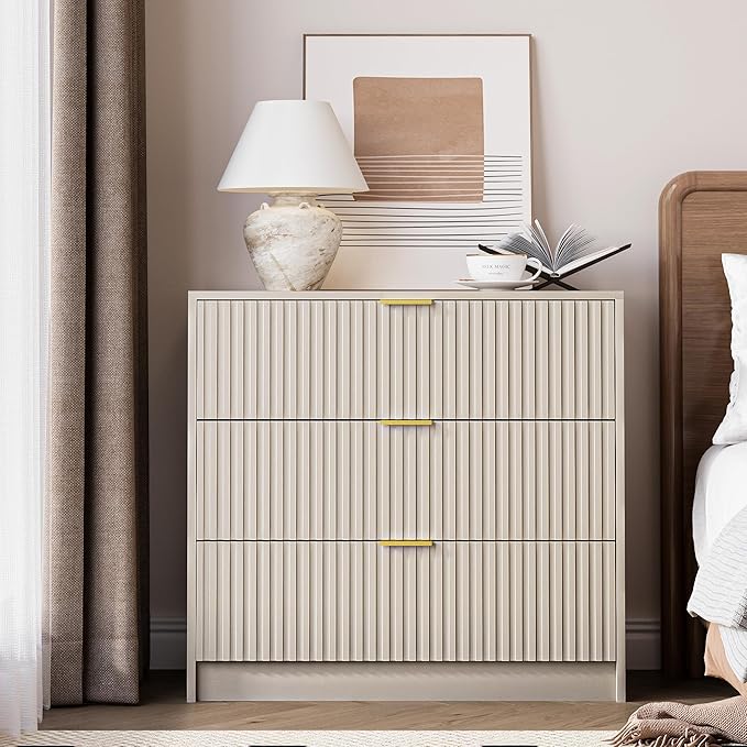 Fluted Dresser for Bedroom, 32 Inch Wide Nightstand with Large Drawer, 3 Drawer End Table for Bedroom, Living Rooms, Offices, and Entryways, Beige