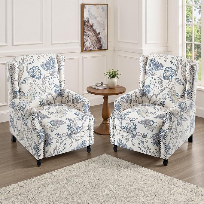 UIXE Floral Pushback Recliner Chairs Set of 2, Fabric Upholstered Armchair Push Back Accent Chair for Living Room, Rivet Trim Club Chair Home Theater Single Sofa Reading Seat - Blue Plants