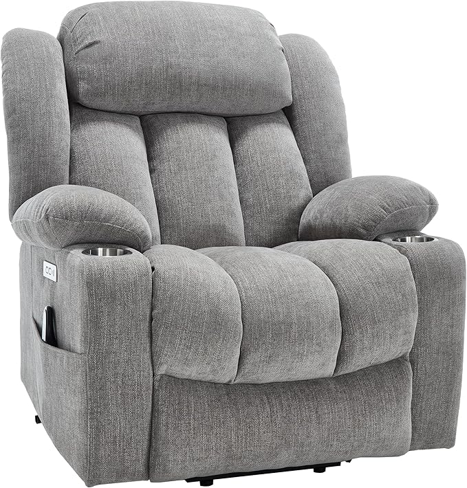 Power Lift Chair for Elderly, Electric Recliner Chair with 8-Point Vibration Massage and Lumbar Heating, Charging Ports, Cup Holders, Standing Assistance Reclining - Light Gray