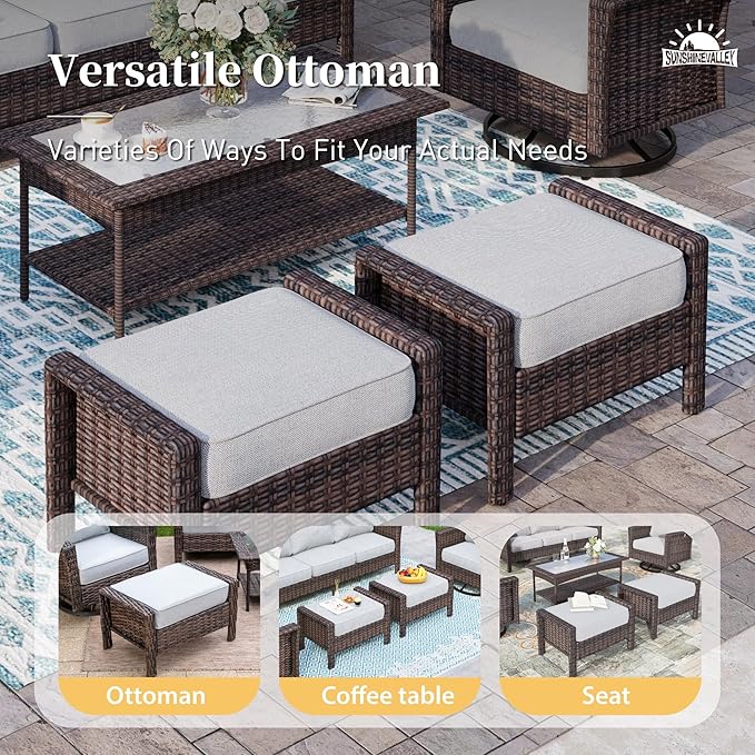 5 Pieces Patio Furniture Set with Swivel Chairs, High Back Wicker Rattan Sofa with Extra Thick Cushion and Ottoman, Outdoor Conversation Set for Garden Backyard Deck, Grey