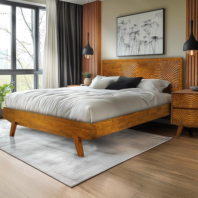 Acacia Harmony Queen Platform Bed Frame – Solid Rubber Wood, Caramel Finish, Mid-Century Modern Style, Distinctive Circular Grain, 800lbs Capacity, No Box Spring Needed, Easy Assembly