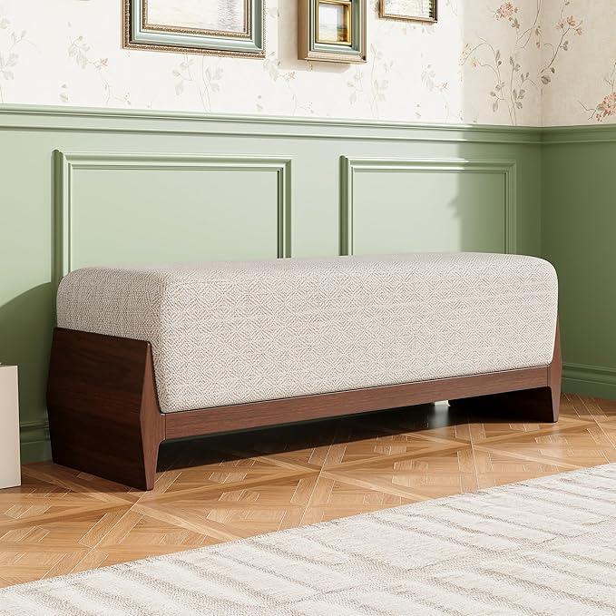 Christopher Knight Home Kingen 55'' Linen Fabric Upholstered End of Bed Ottoman, Wooden Living Room Ottoman Bench with Thick Soft Cushions, Long Entryway Bench, Long Seating for Bedroom, Brown + White