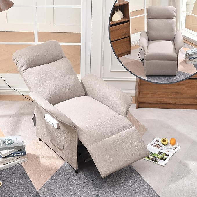 Power Recliner Chair, Adjustable Electric Recliner Chairs for Adults, Sleeper Sofa Bed with Remote Control & Side Pocket, Linen Upholstered Chair for Living Room/Bedroom, Easy Assembly,Brown