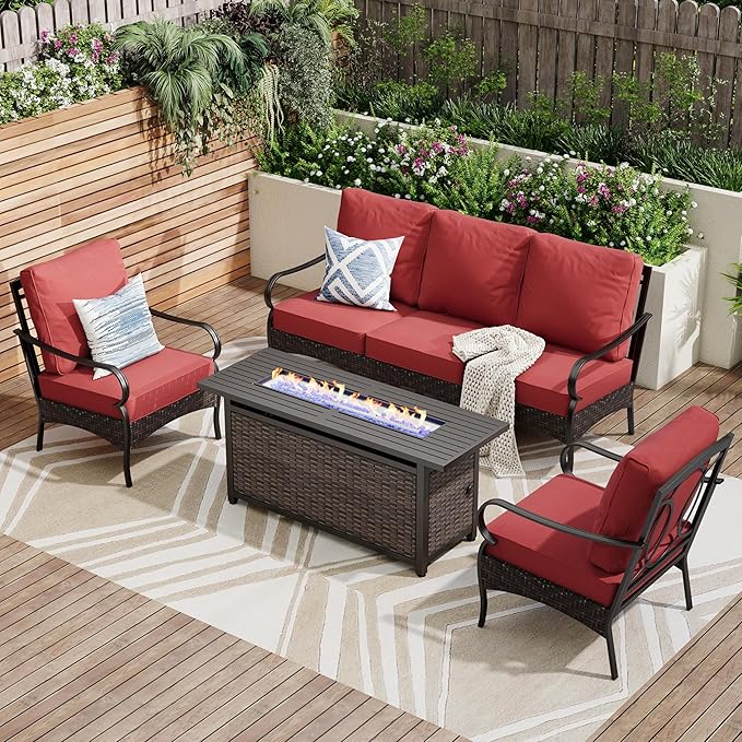 PHI VILLA Patio Furniture Set with 56" Fire Pit Table, Premium Outdoor Wicker Metal Frame Furniture with Upgraded Waterproof Thick Cushions for Porch, Poolside, Deck, and Yard (4 Pieces,Red