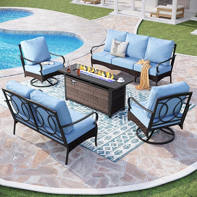 PHI VILLA Patio Furniture Set with 56" Fire Pit Table, Premium Outdoor Wicker Metal Frame Furniture with Upgraded Waterproof Thick Cushions for Porch, Poolside, Deck, and Yard (5 Pieces, Blue