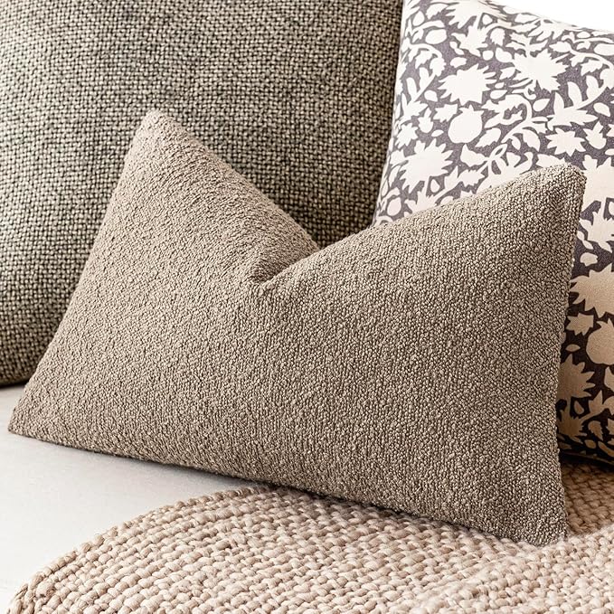 Foindtower Pack of 2 Textured Boucle Throw Pillow Covers Accent Solid Decorative Lumbar Pillow Cases Soft Couch Cushion Case for Chair Sofa Bedroom Living Room Home Decor 12x20 Inch Light Khaki Tan