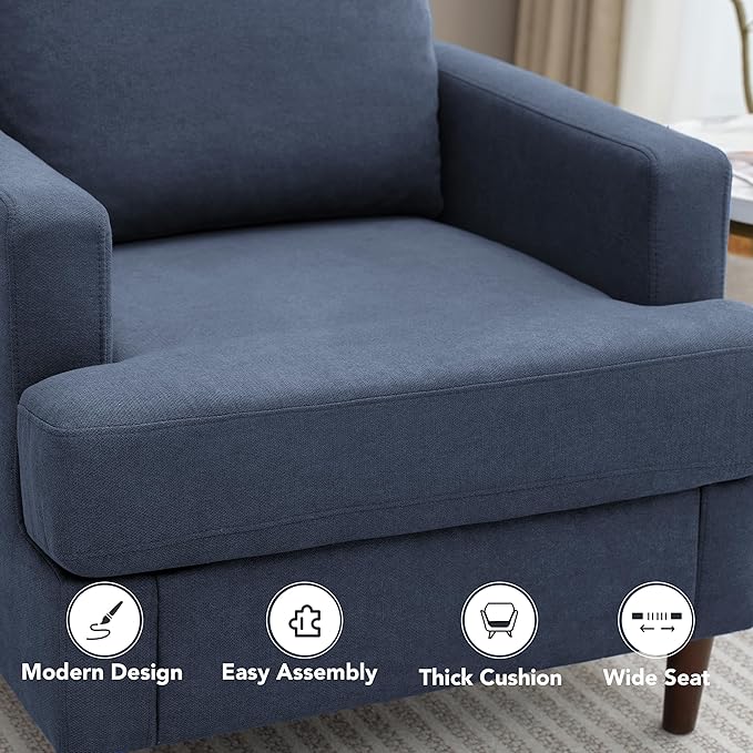 Mid-Century Accent Chair,Modern Linen Fabric Armchair for Living Room,Comfy Upholstered Reading Accent Chairs for Bedroom,Single Sofa Chair with Wood Legs (Blue Grey, 1 Pack)