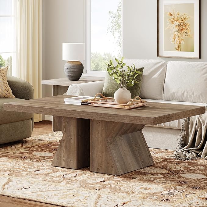 Tribesigns Wood Coffee Table, 47-Inch Rectangular Center Table with Thick Wooden Base, Farmhouse Wood-Look Cocktail Table for Living Room (Brown)