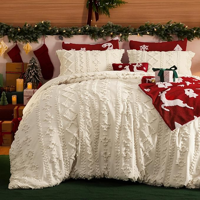 Bedsure Tufted Boho Comforter Set King Size - Beige Boho Bed Set, GentleSoft™ 3 Pieces Farmhouse Shabby Chic Embroidery Bedding, Gifts for Woman, Soft Jacquard King Comforter for All Seasons