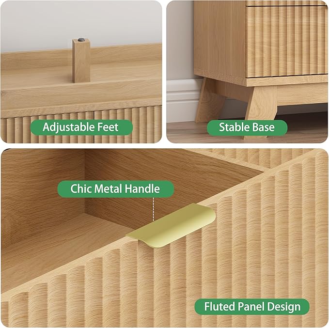 Fluted Dresser for Bedroom with 8 Drawers, 48" Wide Modern Chest of Drawers with Metal Handle, Wooden Dresser TV Stand, Wood Closet Clothes Storage Organizer for Living Room, Hallway, Natural Oak