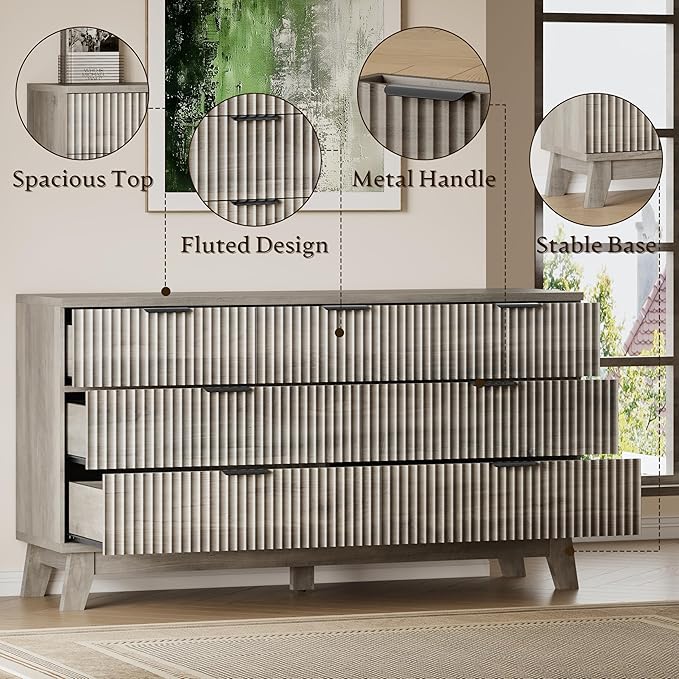 57" Long Dresser for Bedroom, 7-Drawer Fluted Chest, Wide Wood Storage Dresser with Metal Slides and Handles, Stable Base, Modern Clothes Organizer for Primary Suite, Guest Room, Nursery