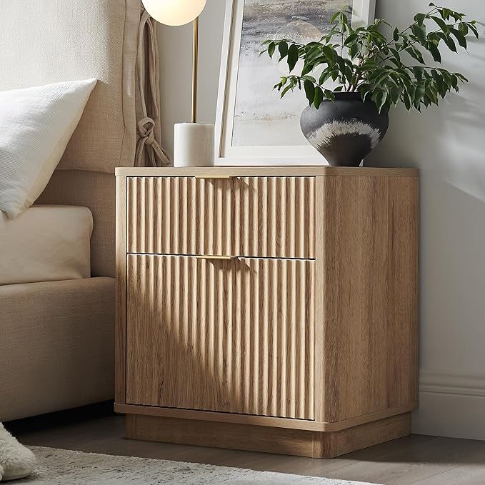 T4TREAM 23'' Fluted Nightstand with Charging Station, Large 2 Drawer Bedside Table, Modern End Table with Storage, Mid Century Night Stand for Bedroom, Living Room, Curved Profile, Natural Oak