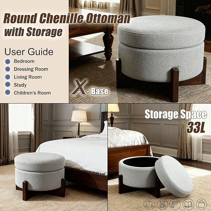 modscape 24-Inch Large Round Chenille Storage Ottoman Coffee Table Upholstered Velent Ottoman Table for Living Room Soft Tufted Circle Boucle Ottoman with Lift-Off Lid X-Base (Gray, 24in-X-Base)
