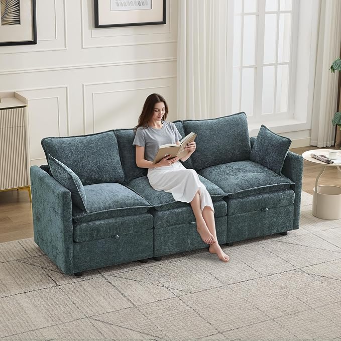 80" Cloud Modular 3 Seater Sofa with Storage, Modern Upholstered Storage Sofa Couch Deep Seat, Sectional Sofa Chenille Comfy Couch with Armrests for Living Room, Small Space, Blue