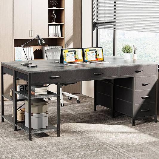 Huuger Computer Desk with 6 Drawers, 63 Inch Office Desk with Shelves, Reversible Gaming Desk, Corner Desk with Storage, for Home Office, Study, Living Room, Grey