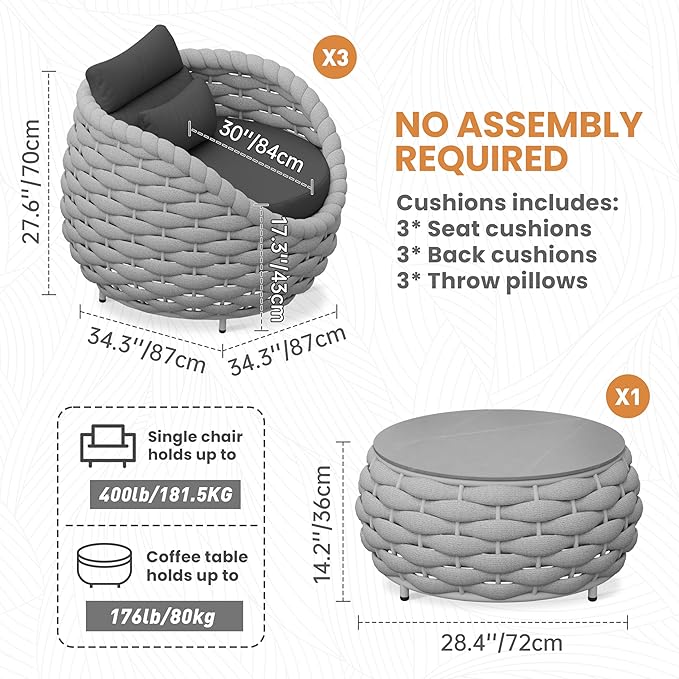 4 Pieces Courtyard Seating Set: Aluminum Woven Rope Patio Furniture Chair Set - All Weather Metal Outdoor Conversation Set - Assembled Armchair w/Table for Bistro Deck Porch Balcony Pool Hotel