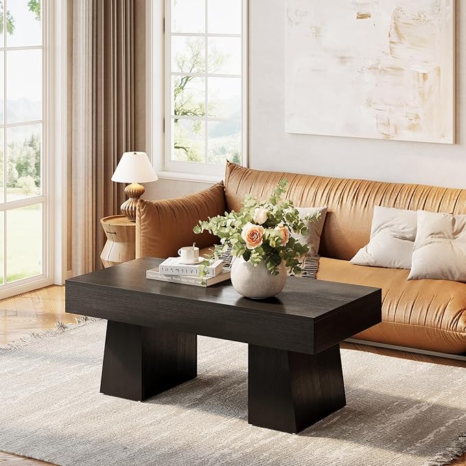 LITTLE TREE Farmhouse Coffee Table, 47 Inches Wooden Rectangular Accent Center Tables with Thick Base, Modern Low Cocktail Tea Furniture for Living Room (Black)