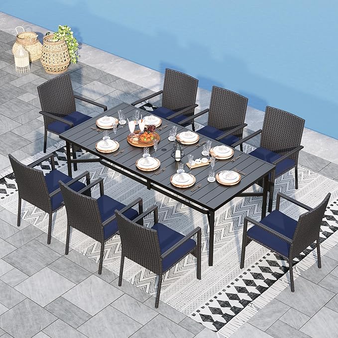 Sophia & William 9 Pieces Patio Dining Set for 8, Outdoor Patio Table and Rattan Chairs Set, 83" L Extra Large Rectangular Table, 1.75" Umbrella Hole, Beige Removable Seat Cushions