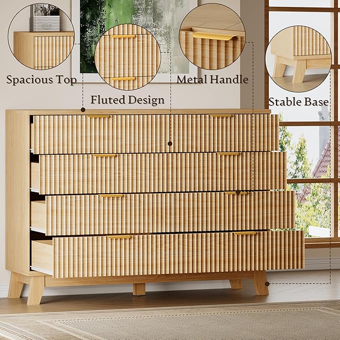 53" Tall Dresser for Bedroom, 8-Drawer Fluted Chest of Drawers, Modern Wood Highboy with Metal Slides and Handles, Anti-Tip Kit, Vertical Clothes Storage Organizer for Apartment, Closet