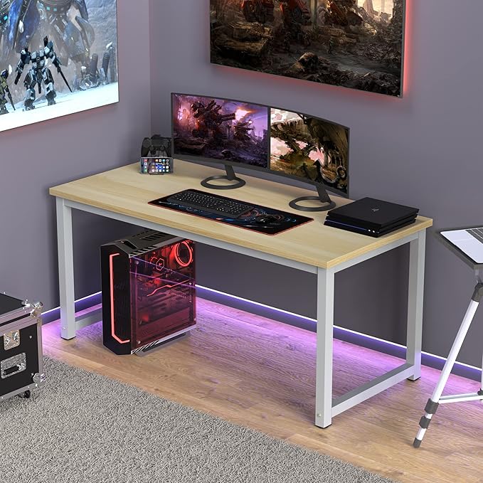 NSdirect 63" Computer Desk,Large Home Office Desk Wide Workstation 1 inch Thicker Tabletop for Writing,Games and Home Work PC Desk Modern Finish Wood Board and Sturdy Steel Legs,Oak+White
