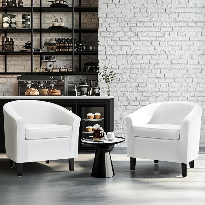Yaheetech White Accent Chairs Set of 2, Faux Leather Barrel Chairs, Modern Living Room Chairs, Comfy Club Chairs with Sturdy Wood Legs for Bedroom/Reading/Room/Waiting Room, White