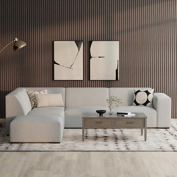 SIMPLIHOME Rex Left Corner Sectional Modular Sofa and Ottoman Set in 100% Recycled Polyester Tightly Woven Performance Fabric, Pale Grey, 116-inch-wide L-Shaped Sofa and 34-inch-Wide Ottoman