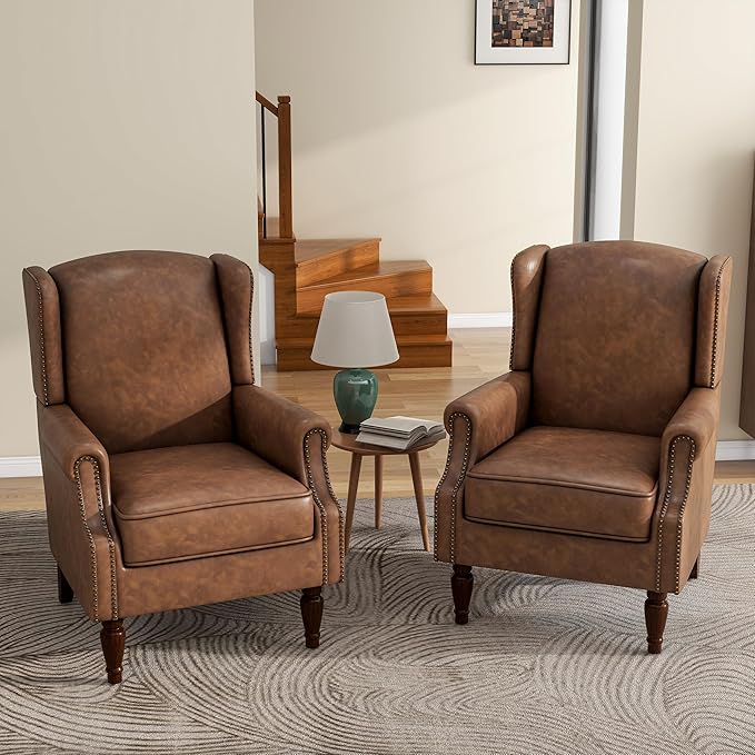 UIXE PU Leather High Back Accent Chairs Set of 2, Upholstered Armchair for Living Room, Retro Wingback Arm Chair Nailhead Trim Single Sofa Bedroom Reading Seat - Brown
